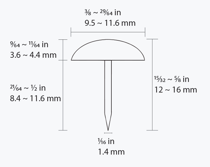 Nail size specification drawing — head, shank, and length envelope