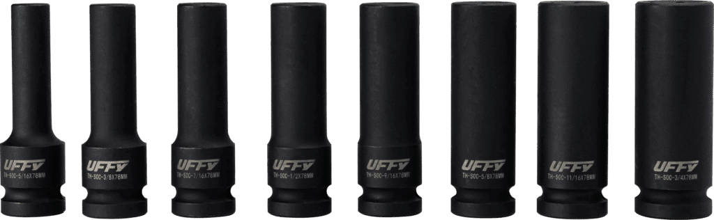 Impact socket lineup, 5/16″ through 1-1/4″