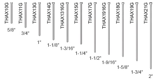 18 ga Brads leg lengths and part numbers